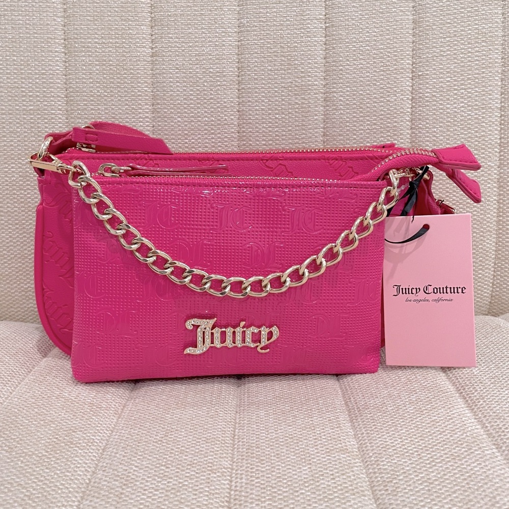 NEW Juicy Couture Hot Pink Debossed Logo‎ Double Pouch Crossbody Bag Rhinestone